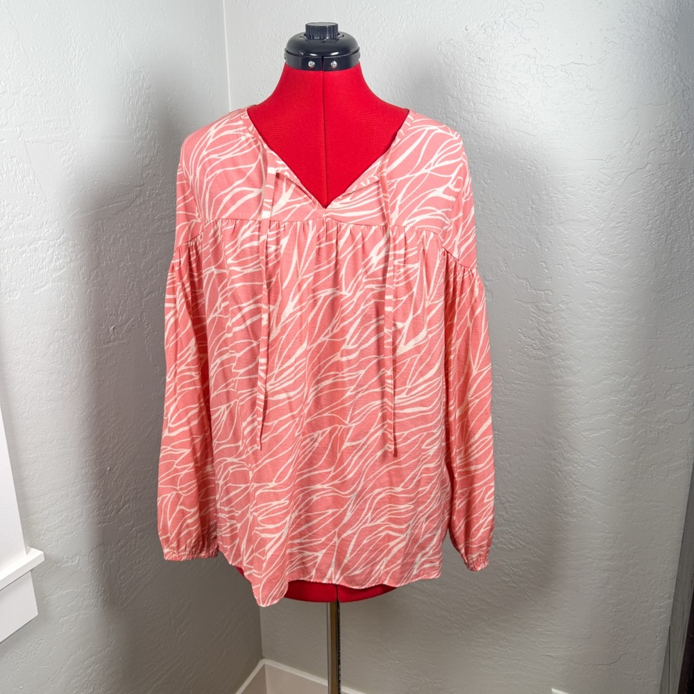 Nine West Coral Abstract Print Long Sleeve Blouse Size L